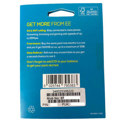 EE Pay As You Go Sim Card - £10 Subscription Pack